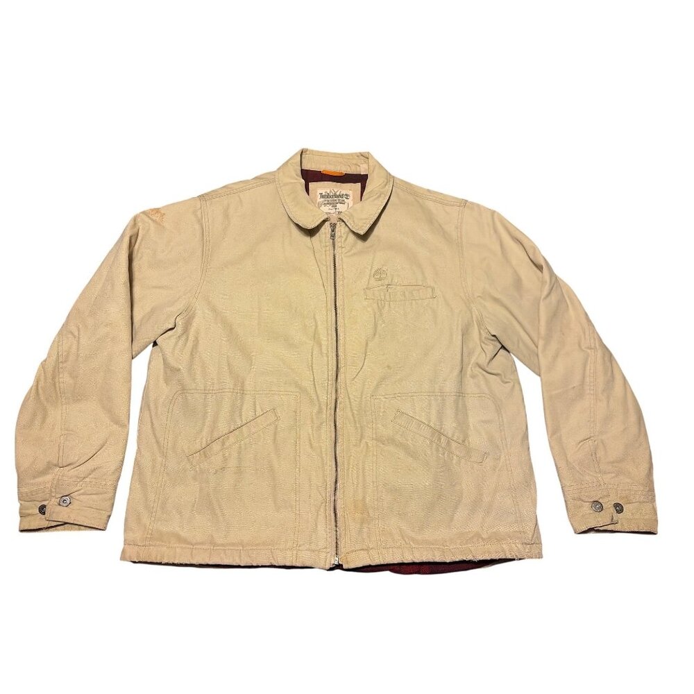 VTG Timberland Mens XXL Beige Canvas Barn Coat Red Plaid Flannel Lining Full Zip
